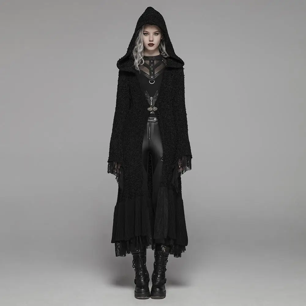 

Gothic Thickened Long Hooded Woolen Cardigan Women Coat elegant, Black