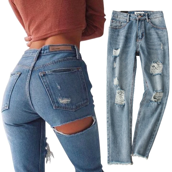 

2019 street style back hold design blue denim ripped jeans for women