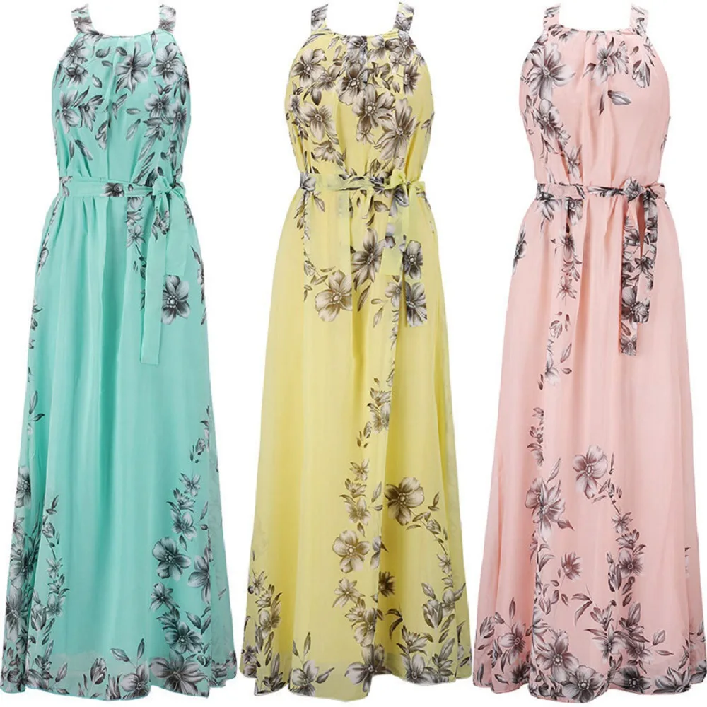 

Lskj042 S-6xL Hot Style Plus Size Women's Summer Bohemian Print Chiffon Sleeveless Dress Beach Dress, Customized color