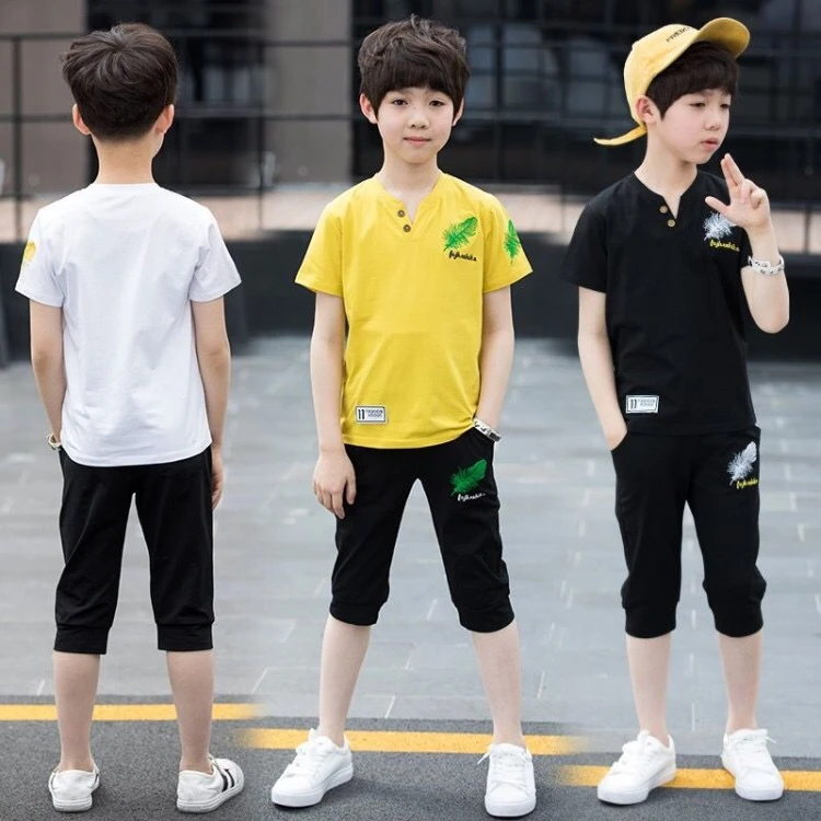 

Embroidered sweatshirt 2 piece casual t shirt boy suit summer clothes kids shorts set, Picture