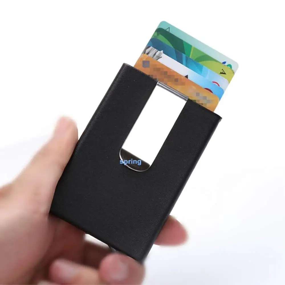 

Leather Cover Credit Card Wallet with Money Clip ID card Box Metal RFID Blocking Card Holder