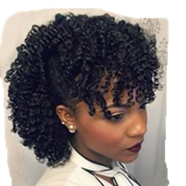 

120g human hair ponytail with bang clip in high afro kinky curly human hair drawstring ponytail virgin hairpiece