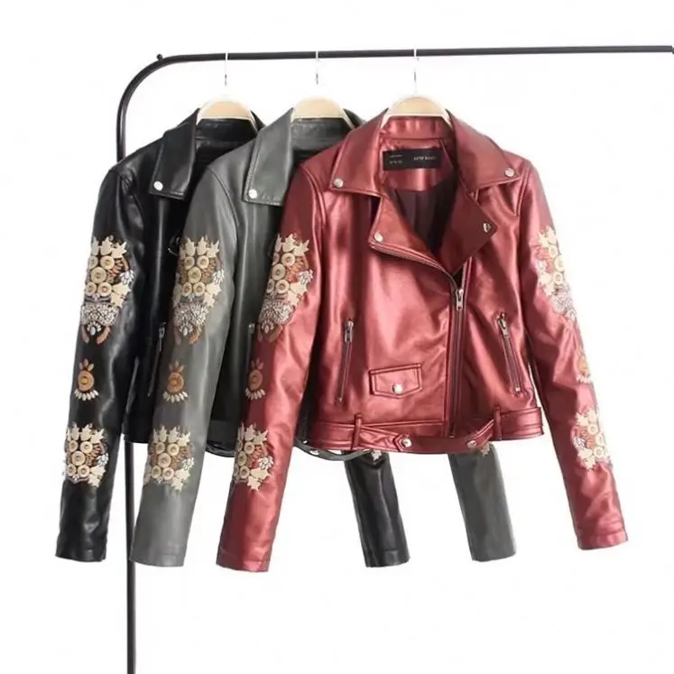 

2017 Fashion Women Artificial PU Leather Jacket With Zippers, Black/grey/wine red