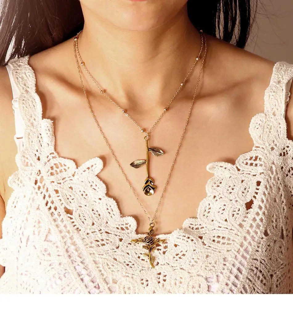 

New Arrival Vintage Rose Pendant Necklace Jewelry 2 Layer Gold Ethnic Necklaces Trendy Classic Choker Necklace, Picture