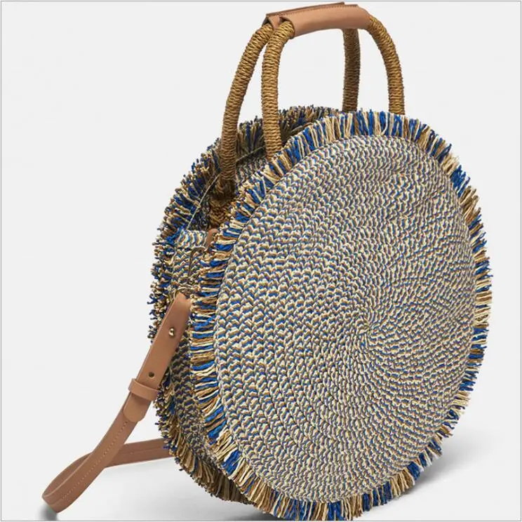 

Women tassels colorful moroccan round straw bag