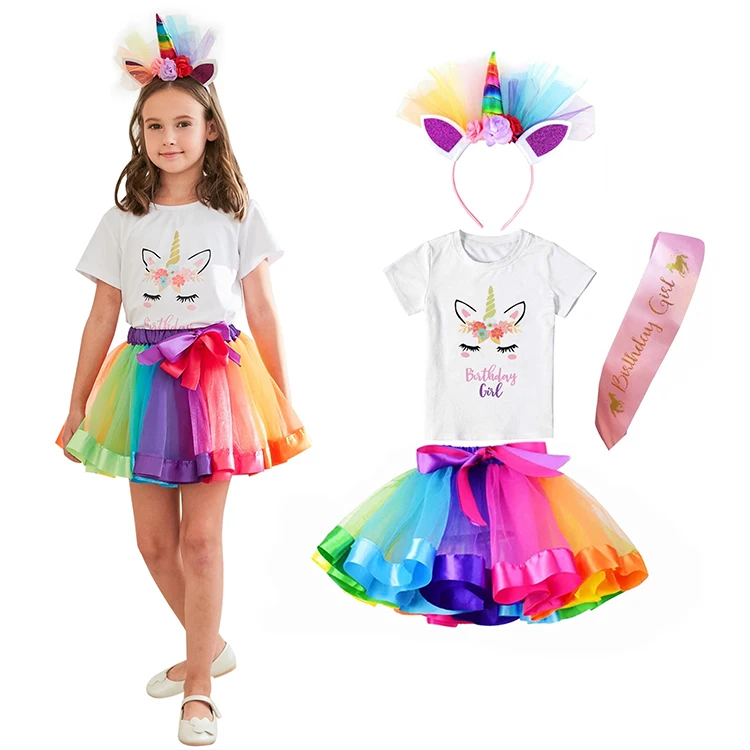 

Girls Unicorn Dress Children Tutu Skirt Dress Birthday Party Outfit Tshirt Set, Rainbow;purple