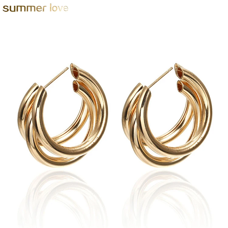 

New Fashion 2019 Simple Layered Circle Gold Silver Metal Knotted Wind Round C-Shape Big Hoop Earrings For Women Girls, Many colors you can choose