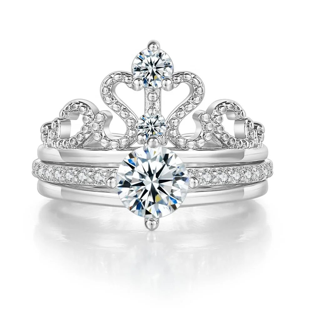 

New Style Cute Luxury 2pcs Engagement Set Princess Crown Tiara Crown Shaped Wedding Rings for Women Adjustable R349-4-M, White
