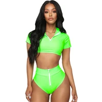 

New Zipper Front Short Sleeve Sport Swimwear Split Two Piece Set Women Swimsuit Bikini