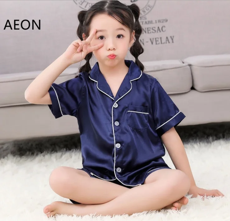 

Flower Girls Satin Pajamas Set Kids Short Sleeve Shorts Sleepwear For Summer