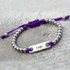 Handmade 6mm beaded bracelet Custom Logo Name Plate Layer Stainless steel Adjustable Rope String Bracelet