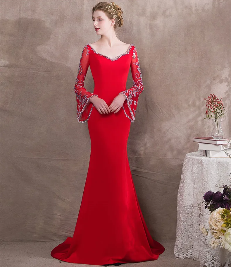 

2019 Sexy V-Neck Pagoda Sleeve Beaded Fishtail Evening Dress Women Dress Africa Mermaid Prom Dress