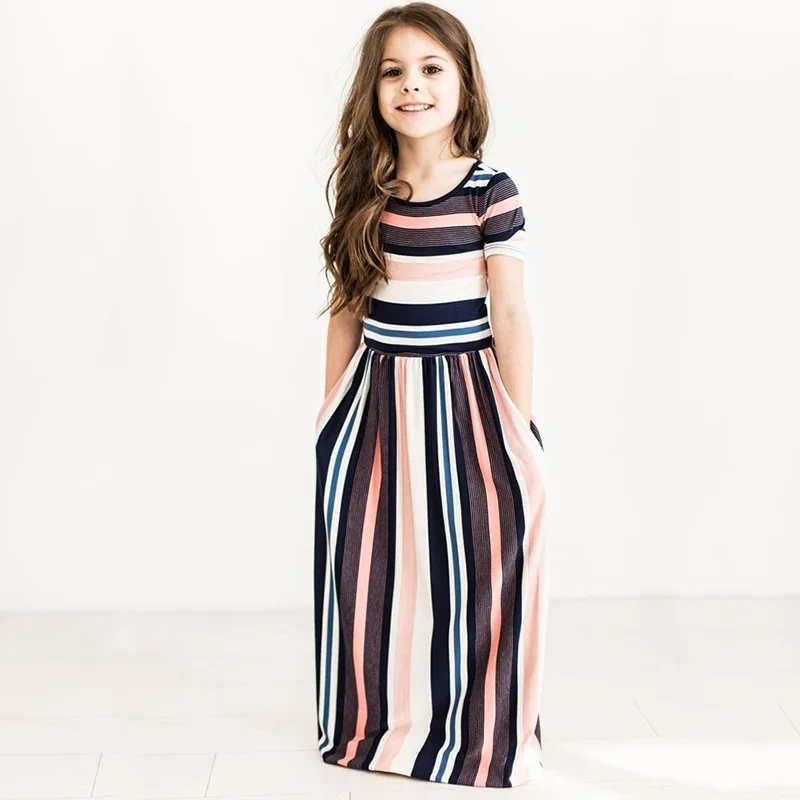 

2019 Hot Sell Children Casual Beachwear Beach Dress Striped Girls Hit Color Baby Fashion Cute Long Dress, As show