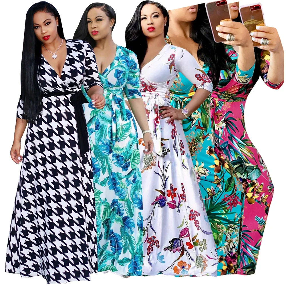 

Casual Plus size Haif Sleeve V-Neck Maxi Dress Long One Piece Clothing Summer Women Dresses