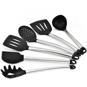 Image of 6 pieces professional silicone cooking spatula utensils set with stainless steel handle