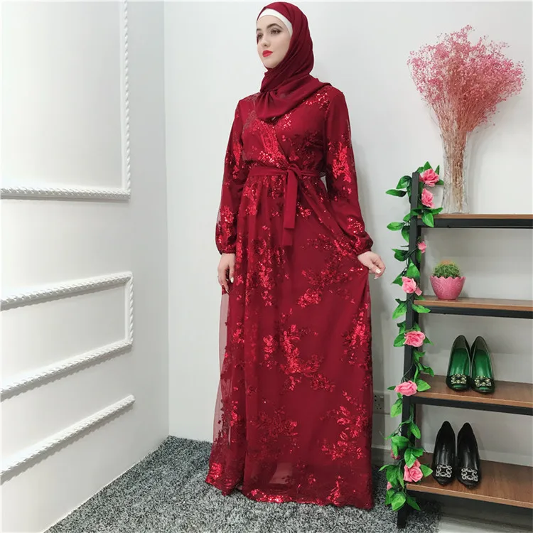 

2019 Best Selling Ramadan EID Laxury Abaya Islamic Women' Maxi Long Lace Sequin Dress, Black;wine red;gray;green;beige;navy;white