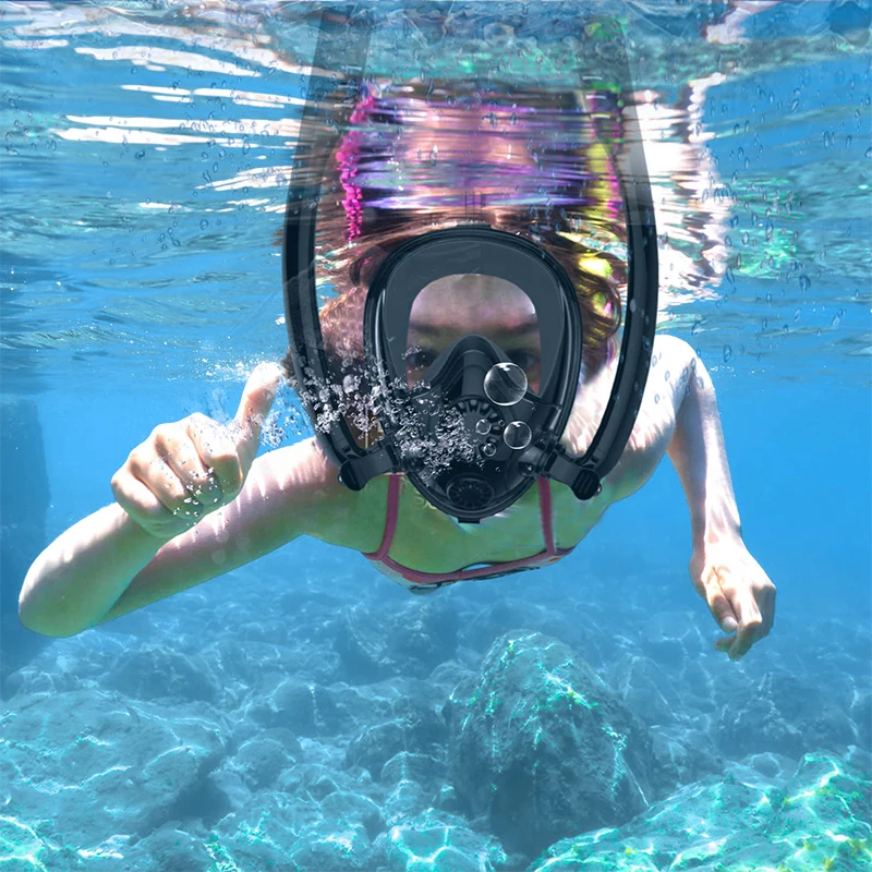 

2019 selling Upgraded Full Face Snorkel Mask, with best breathing design Anti-Fogging Scuba Diving Mask with Double Tube, Black+blue+pink