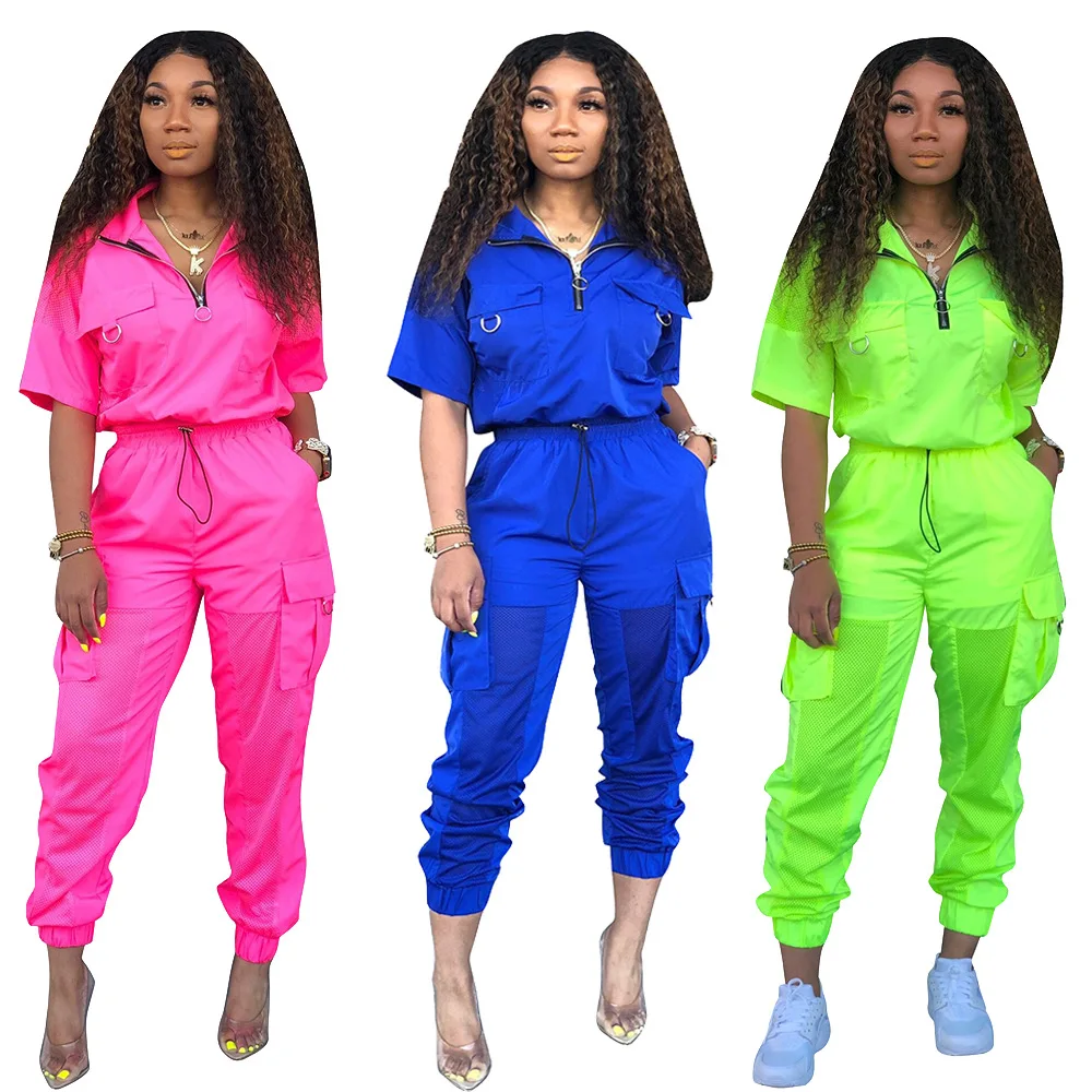 

Turn Down Collar Mesh Patchwork Half Sleeves 2XL Plus Size Casual Sports jumpsuit Woman CM572, Pink/blue/green