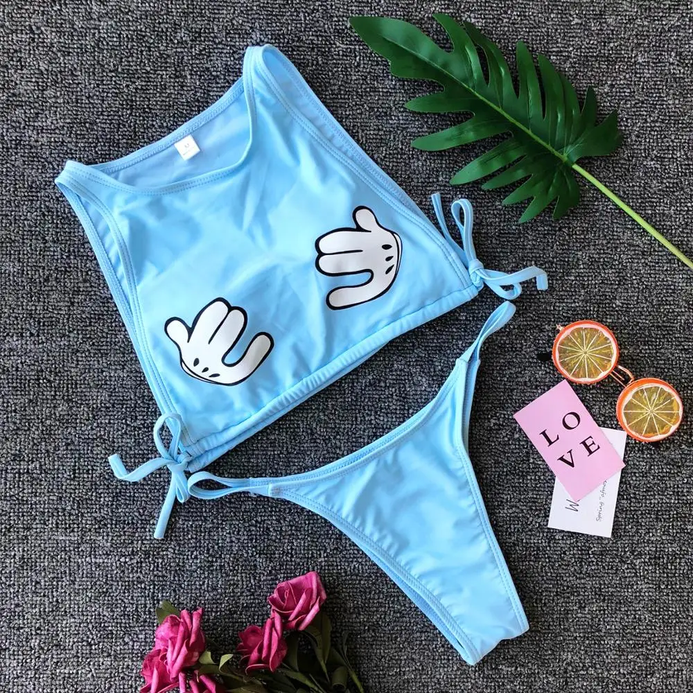 

2019 New design cartoon solid color bandage two pieces bikini girl sexy bathing suits swimwear beachwear, Picture or customized