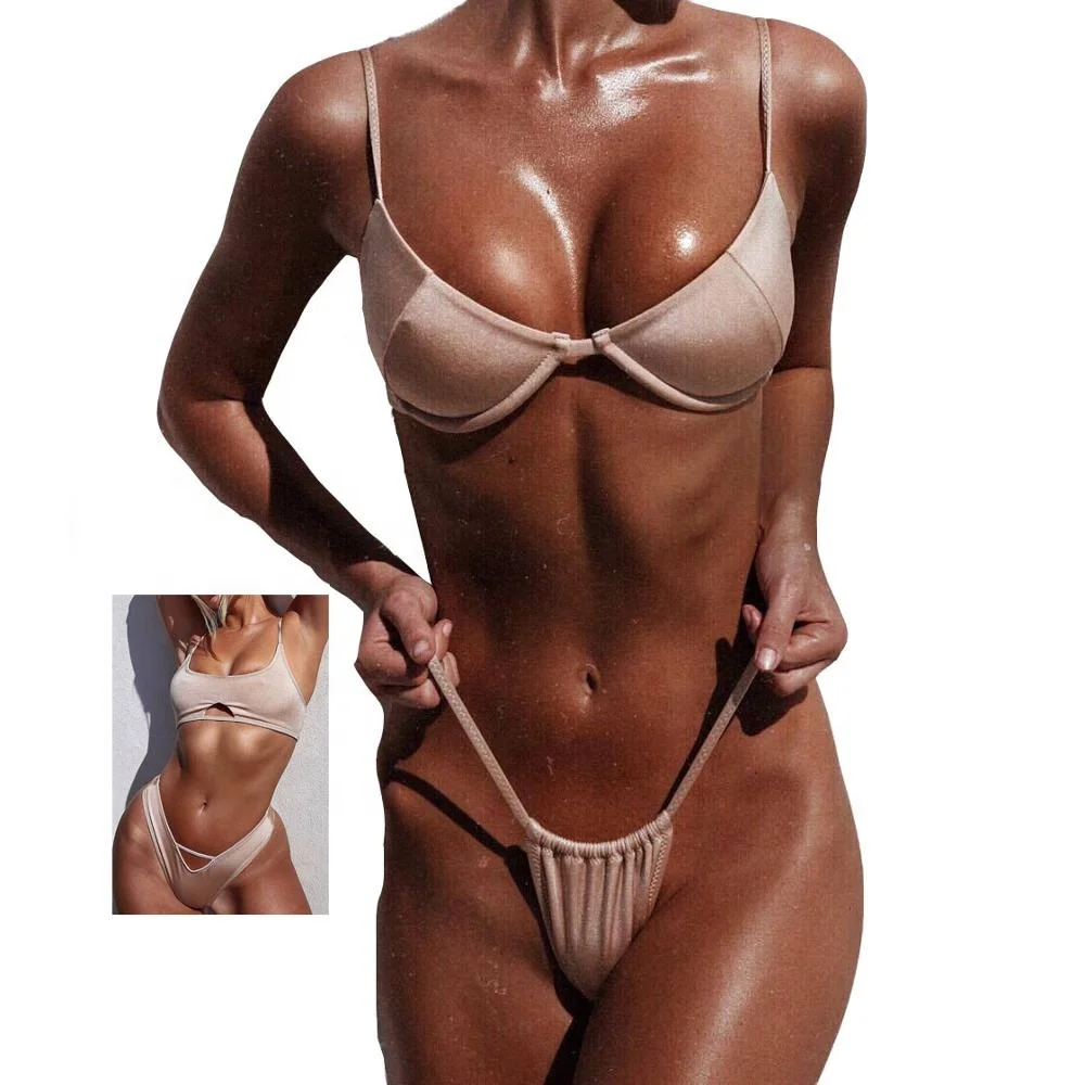 

2019 hot fashion Women Shiny thong Bikini Sexy Two Pieces Swimsuits, As pictures