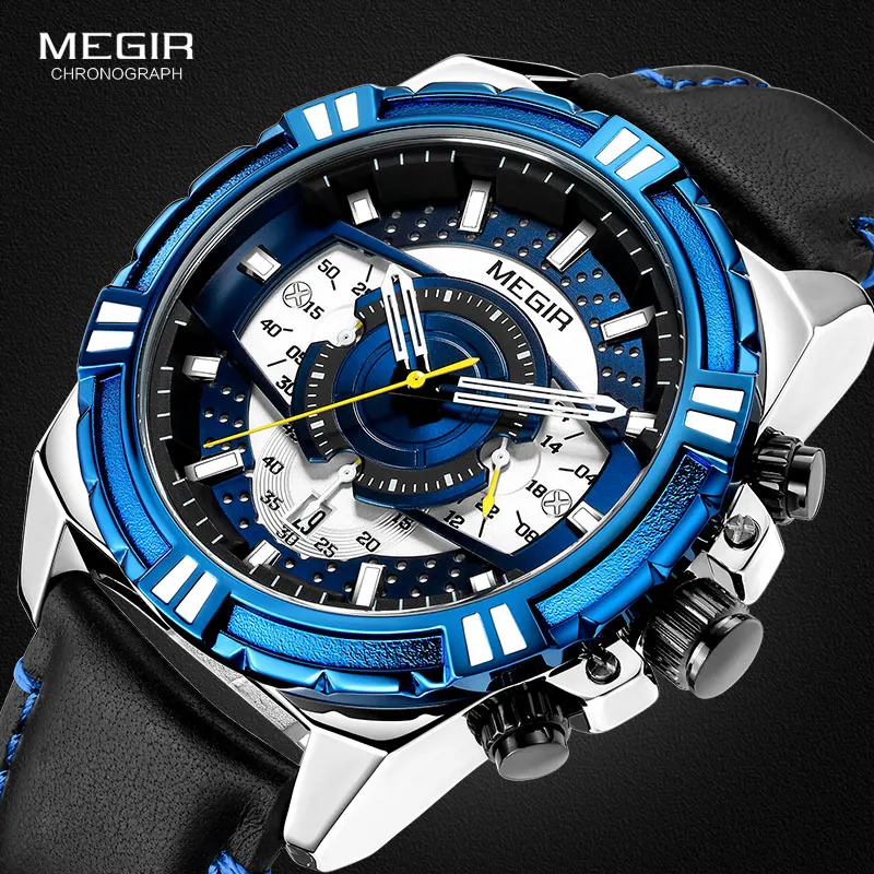 

MEGIR Men's Leather Strap Army Sports Casual Watches Waterproof Luminous Army Wristwatch, 3 colors