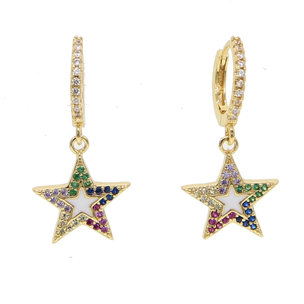 

white enamel star dangle charm Gold color with mini huggie hoops charm earring, Picture