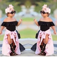 

Hot Selling Girl's Boutique Clothing Suit Including One-shoulder T-shirt + Shorts + Tuxedo skirt + Headbands
