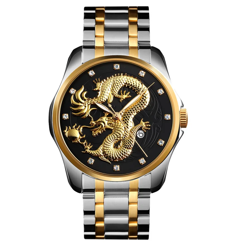 

New design 2019 luxury men watch Skmei 9193 golden dragon watch stainless steel quartz diamond watches