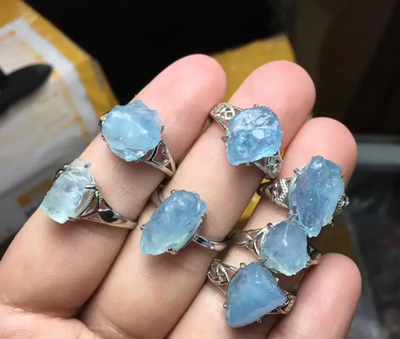 

adjustable natural Aquamarine rough stone ring gemstone rings men women fashion jewelry wholesale, N/a