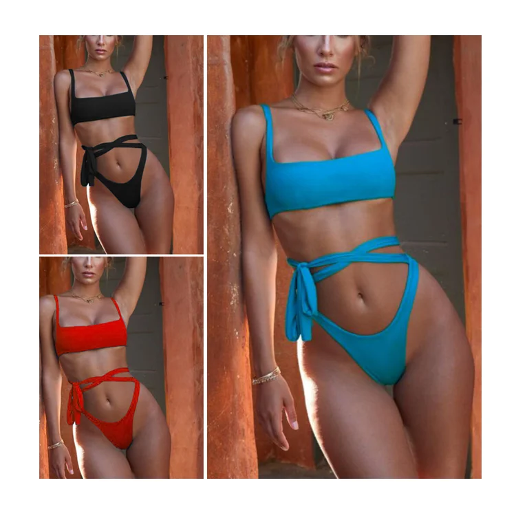 

2019 New sexy tie bandage swimwear women bathing suit triangle straps bikini two pieces, Picture or customized