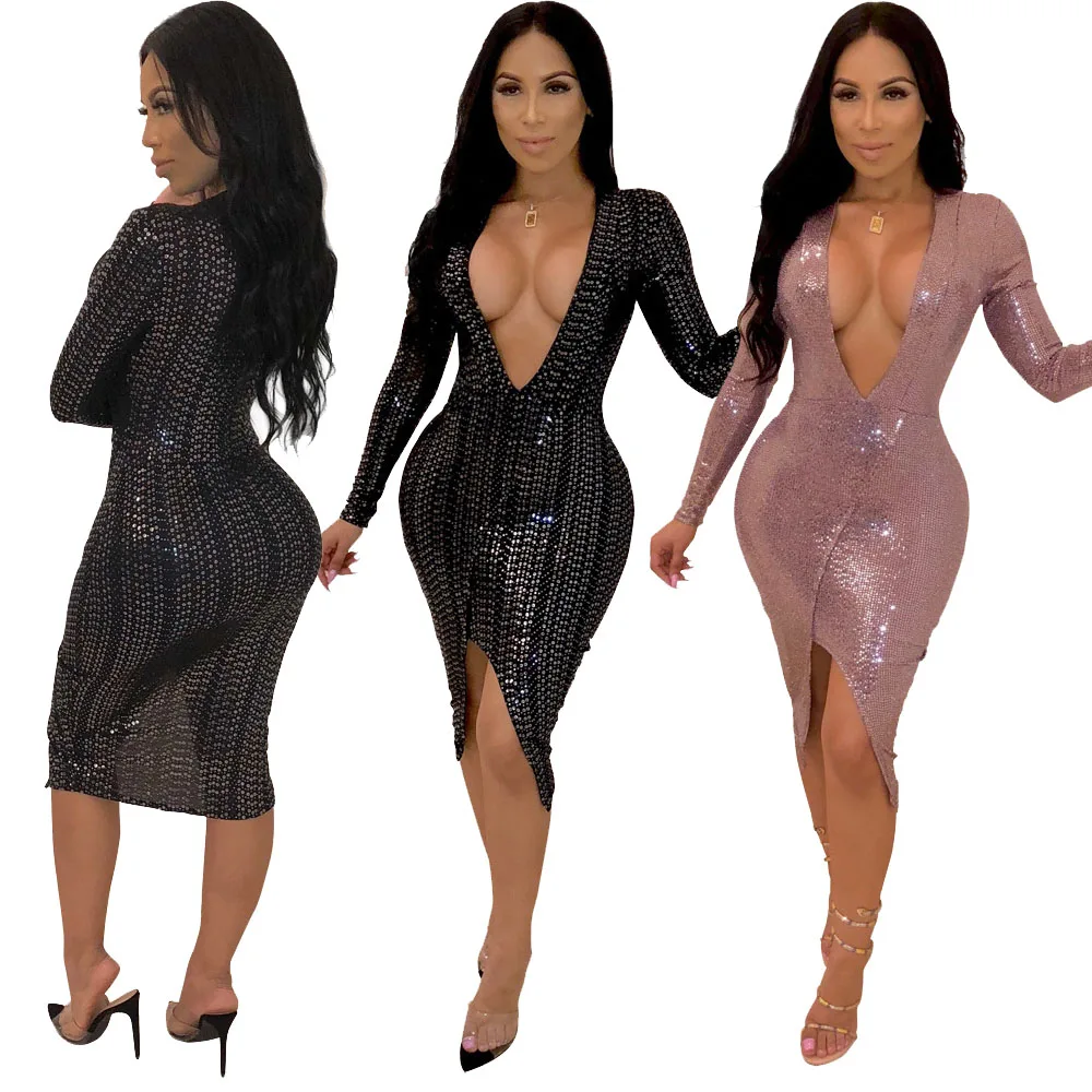 

SAYM8315 sequined long sleeve deep v neck asymmetrical prom party wear hot women sexy bodycon club dress, As pictures showed