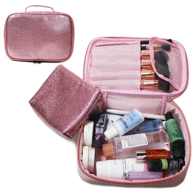 

2020 Travel Cosmetic Brush Organizer With Zipper Women Glitter Pink Handle Makeup Bag Set, Pink , customized color