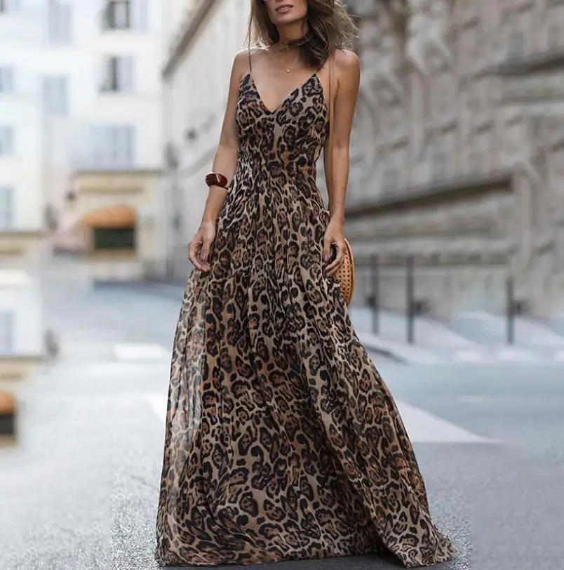 2019 Fashion Sexy Dress Leopard V Neck Spaghetti Strap Maxi dresses Women Summer Chiffon Beach Long Dress