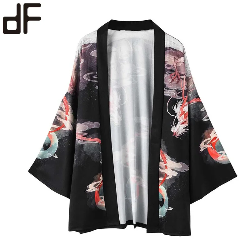 

wholesale men kimono japan style 3/4 long sleeve coat fashion dragon printed vintage kimono, Black