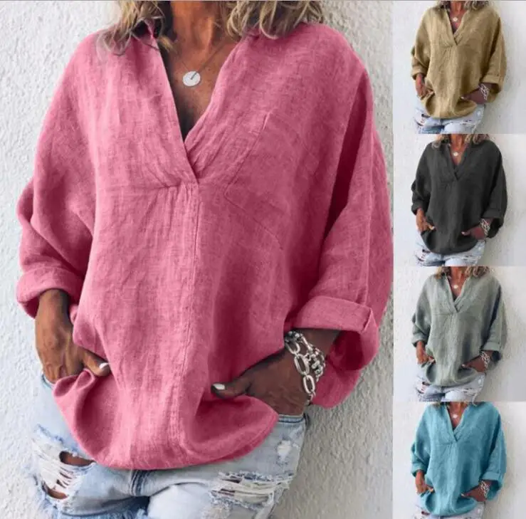

Walson New Fashion Women Star V-Neck Blouse Shirt Long Sleeve Female Sexy Tops Women Cotton Linen Shirt