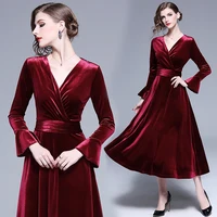 

Simple fashion V neck long trumpet sleeves zippered velvet wine red slim flounced women sexy gown wholesale evening dress