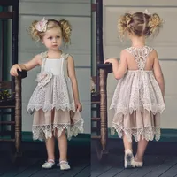 

ZH1728Q 2019 Vintage flower Sash Lace applique Flower Girl Dresses Tiered Puffy sleeveless kids Birthday Party Communion gowns