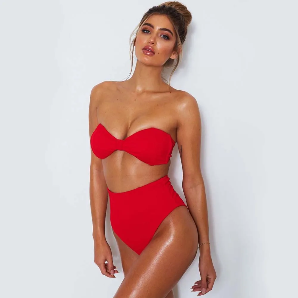 

Crazybuy sells high-waisted Pure color swimsuits two-pieces, Picture