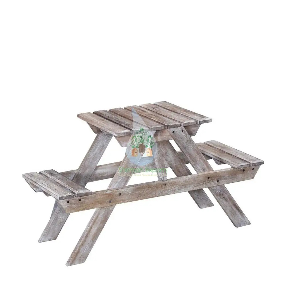 Wooden White Washed Distressed Picnic Garden Table And Bench