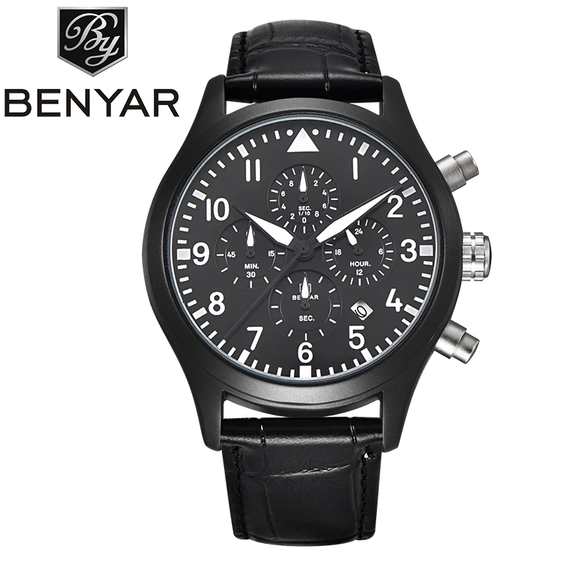 

Made In China Analog Stainless Steel Case Back Watch Chronolog Military Leather Watches For Men Benyar 5103M, 2 colors