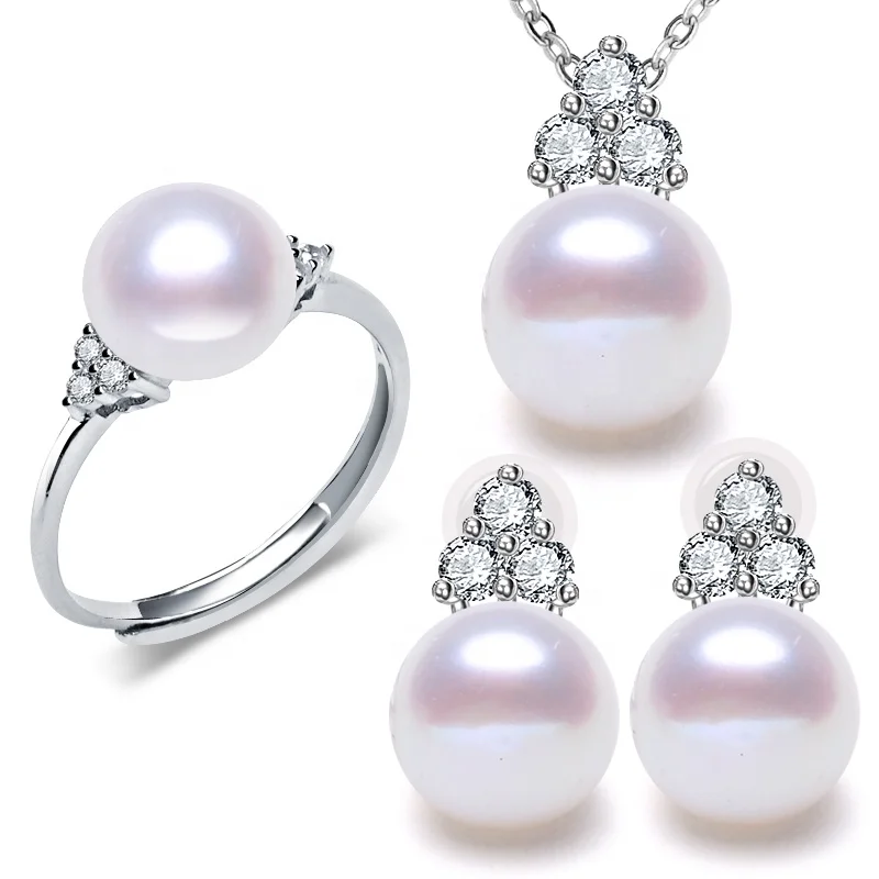 

925 Sterling Silver Necklace Ring Earrings 7-9mm Freshwater Pearl Jewelry Sets