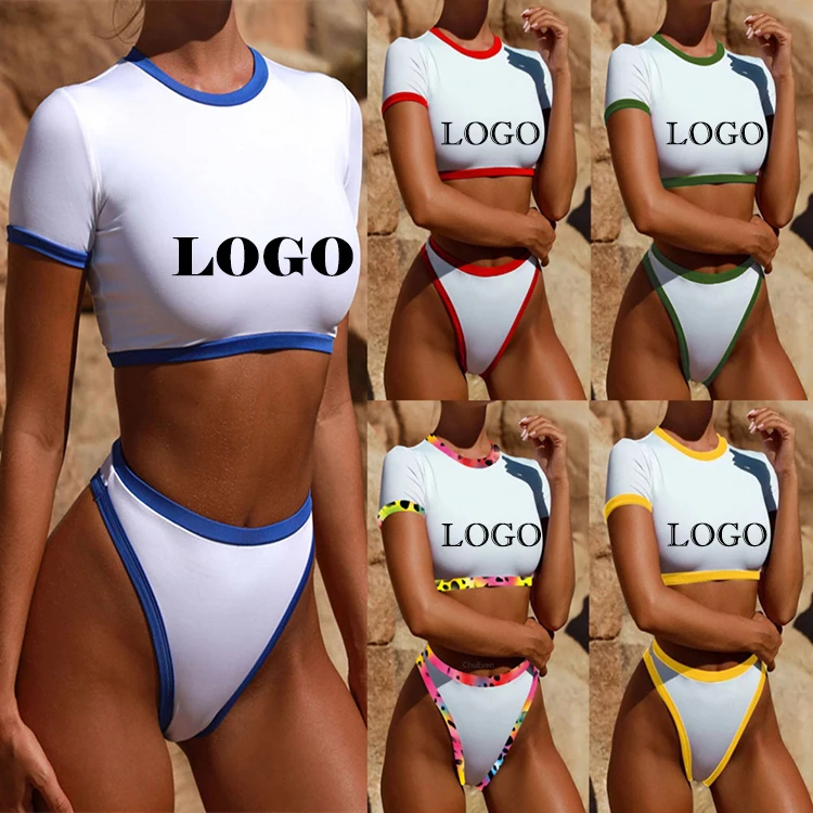 

2019 Latest Design Five Styles Pure Color Short Sleeves Two Pieces High Waist Swimwear Sexy Sport Bikini Hot Selling, As picture
