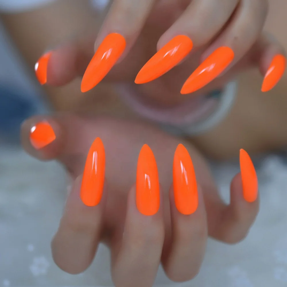 

Neon Fake Nails Extremely Long Bright Orange Shiny Press On Nail Carnival Style Decoration Manicure Tips Salon Nails 24