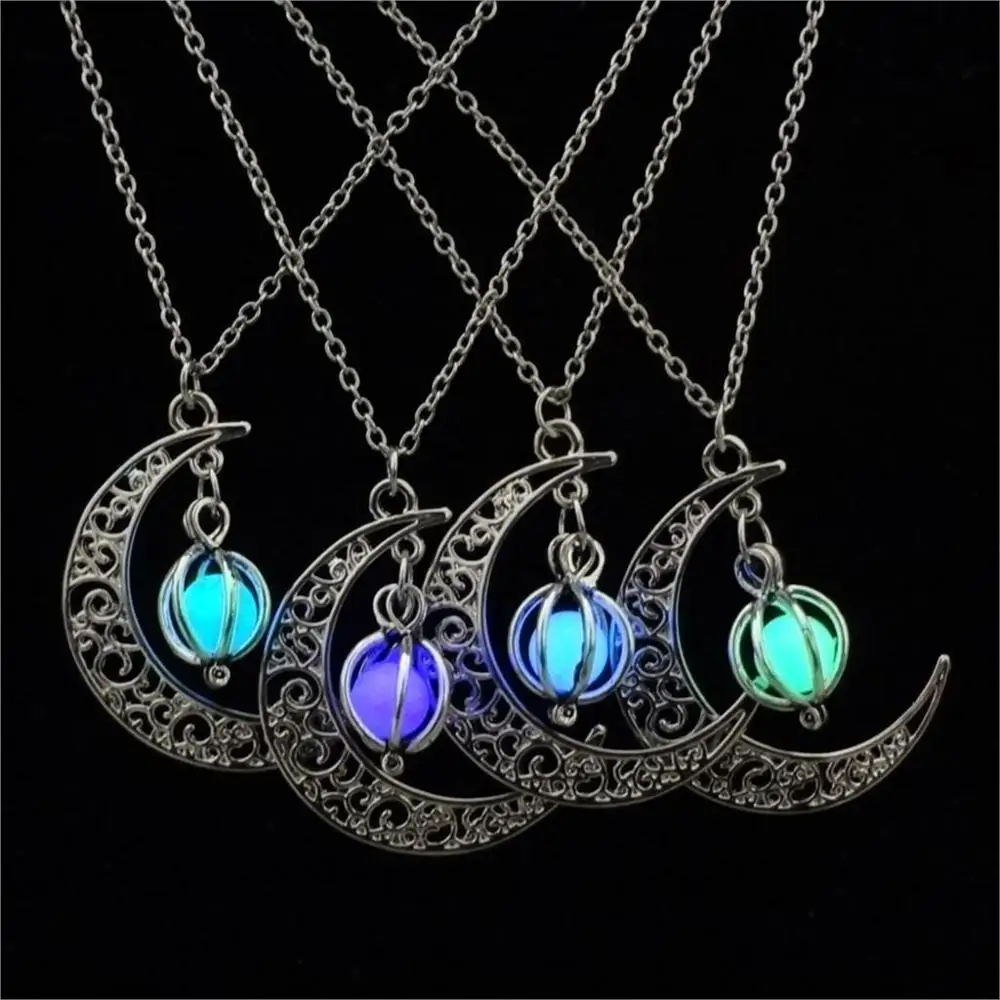 

Hot sale hollowed-out spiral moonlight pendant necklace Glow In The Dark Vintage Moon luminous Women Charm Necklaces