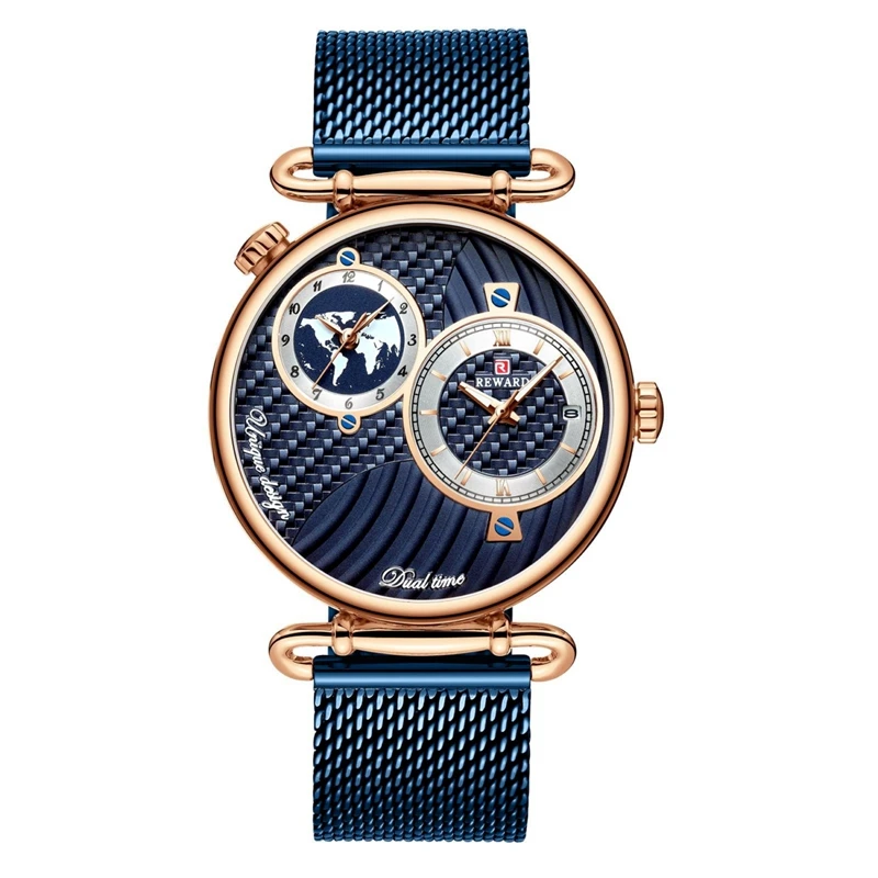 

REWARD Brand Luxury Mesh Belt watch men Analog Dual Dial men wristwatch Quality Casual Watches Waterproof mens casual watches
