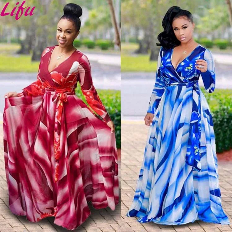 

Lifu Women Dresses Casual Floral Print Long Sleeve Maxi Dresses Women Plus Size Dress Women Clothing 2019, Blue/red