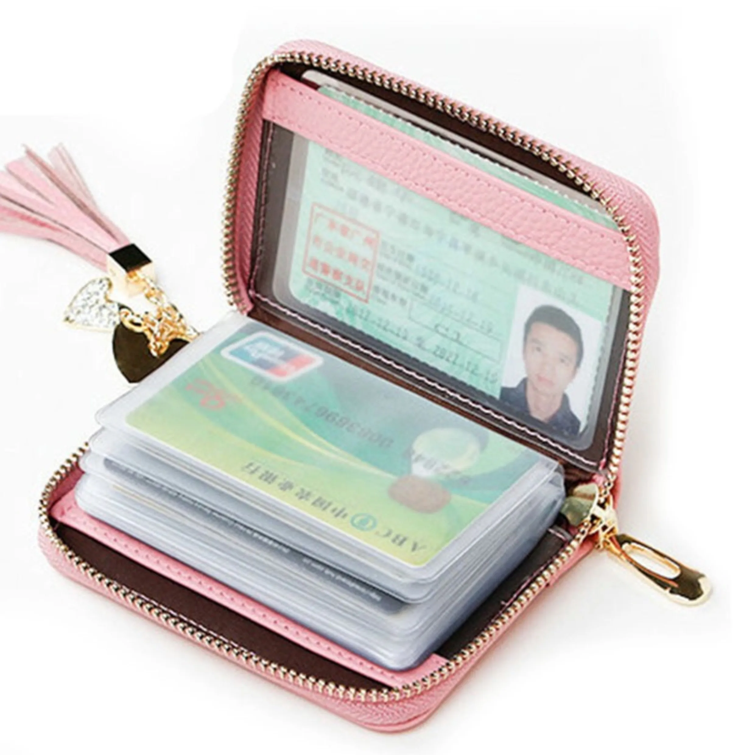 

High Quality Waterproof Leather Personalized Travel Anti-theft Zipper Tassels Card Holder Wallet Document Bag, Pink, red, green, purple, black