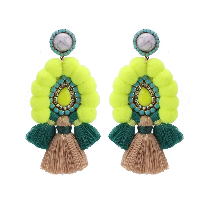 

2019 Oversized Statement Earring New Bohemia Tassel Earrings For Pompom Ball Earrings, Neon green