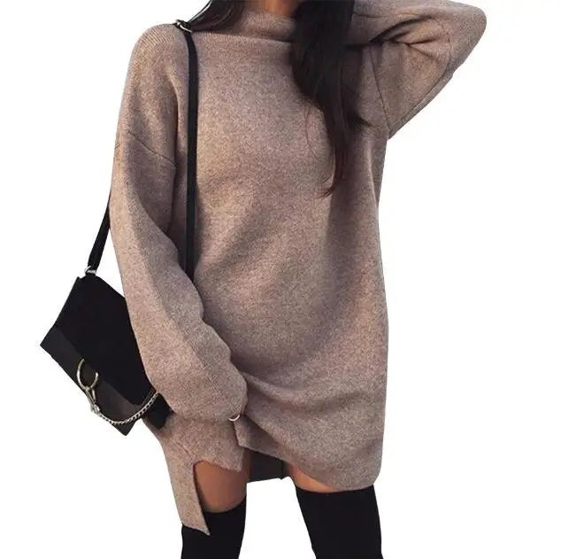 

2019 eBay Custom Women Solid Color Plus Size Knitted Long Sleeve Dress, Brown,black,gray,pink