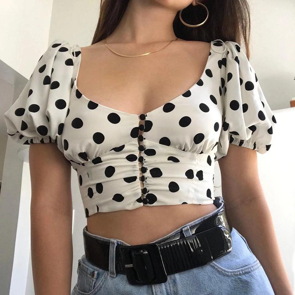 

Female Buttons Chemise V Neck Sexy Women Black Polka Dot White Tunic Blouse Shirt Puff Short Sleeve Summer Crop Top, Customized color